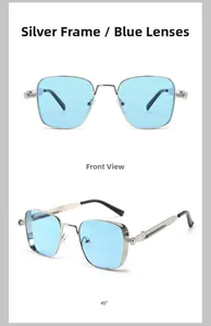 Detailed front and 45-degree view of silver metal square sunglasses with blue lenses