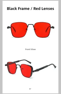 Detail view of vintage square metal sunglasses with black frame and translucent red lenses