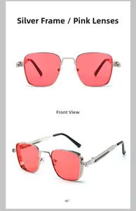 Detail view of silver metal square sunglasses with pink lenses from front and 45-degree angle