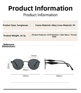 Detaillierte Größentabelle für ovale Metall-Sonnenbrillen mit Rahmenmaßen und Details
