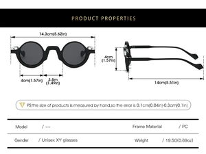 Detailed dimension guide for unisex retro round sunglasses featuring a PC frame