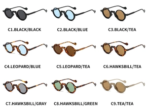 Collage of retro round frame sunglasses in various colors and lens tints C1 to C9