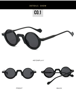 Macro detail of retro round black sunglasses showing front, 45-degree, and back perspectives