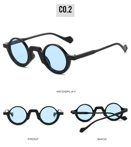 Three views of retro round black frame sunglasses with light blue lenses and C0.2 color code