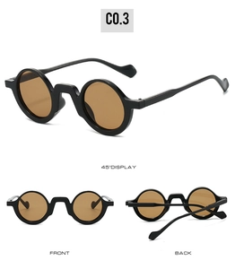 Detail view of round vintage sunglasses with thick black frames and brown resin lenses