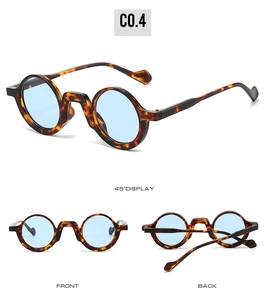 Detail view of round tortoise sunglasses with blue lenses from three different angles