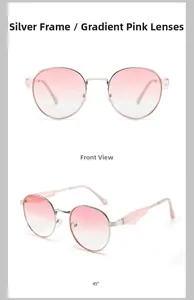 Front- und 45-Grad-Ansicht der silbernen Oval-Metall-Sonnenbrille mit rosa Verlaufsgläsern