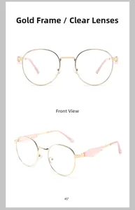 Front- und 45-Grad-Ansicht der ovalen Goldmetallbrille mit rosa Bügeln und Klarglas