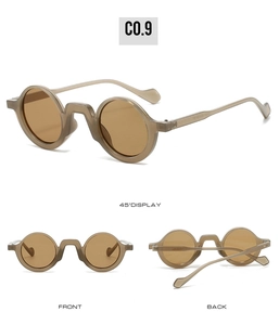 Detailed views of vintage round thick frame sunglasses in translucent brown finish
