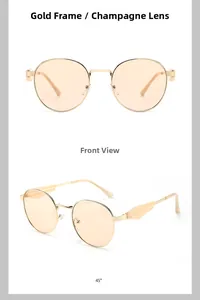 Detailansicht der ovalen Goldmetall-Sonnenbrille mit champagnerfarbenen Gläsern und Bügeln