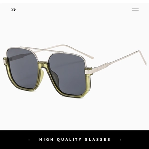 Detail view of olive green semi-rimless sunglasses with double bridge and metal temples