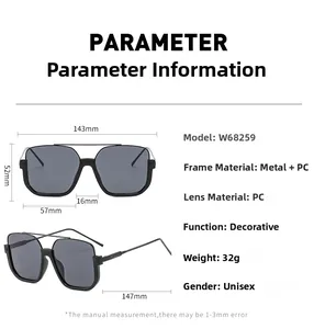 Detailed size specifications for square frame sunglasses with metal and PC materials