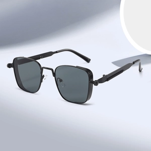 Retro square frame sunglasses with steampunk spring metal temples and dark gray lenses