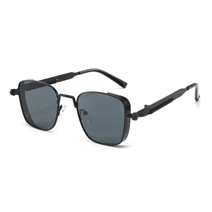 Retro square black metal sunglasses with industrial spring hinge temples for men