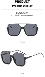 Detailed front and side view of retro double-bridge half-frame sunglasses in black gray