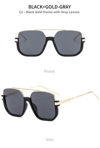 Detailed front and side views of vintage double-bridge semi-rimless black and gold sunglasses