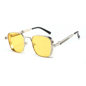 Retro square metal sunglasses with yellow transparent lenses and industrial style temples
