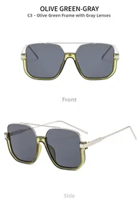 Front and side macro views of olive green semi-rimless double bridge metal sunglasses