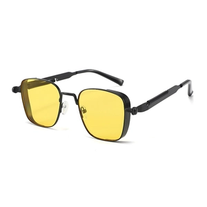 Retro square metal sunglasses with yellow lenses and industrial side shields for men
