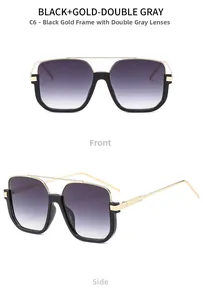 Front and side view of square semi-rimless metal sunglasses with black gold frame