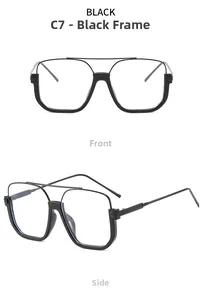 Front and side views of black double-bridge square metal frame sunglasses in style C7