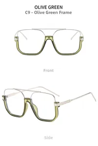 Front and side views of olive green double-bridge metal semi-rimless sunglasses