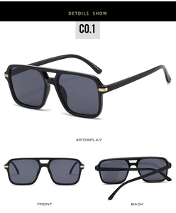 Detailed views of vintage black square double bridge sunglasses with gold metal accents