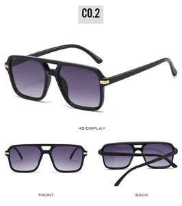 Detailed multi-angle views of square double-bridge sunglasses with purple gradient lenses