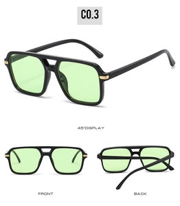 Detail view of square frame double bridge sunglasses with gold metal hinges and green lenses