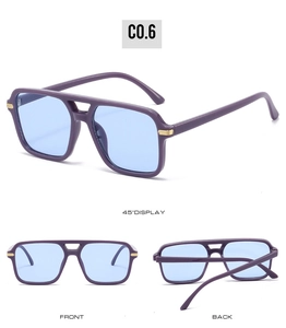 Three-angle view of purple square frame pilot sunglasses with gold metal temple accents
