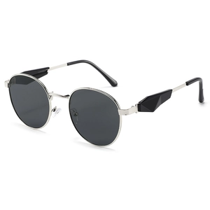 Ovale silberne Metallsonnenbrille mit schwarzen Gläsern und geometrischem Bügeldesign