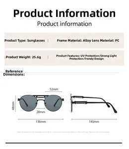 Detailed size chart for retro punk sunglasses with metal frames and UV400 PC lenses