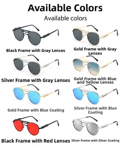 Grid view of vintage steampunk sunglasses in eight color variants with round metal frames