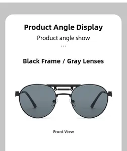 Front view of vintage punk aviator sunglasses with matte black metal frame and grey lenses