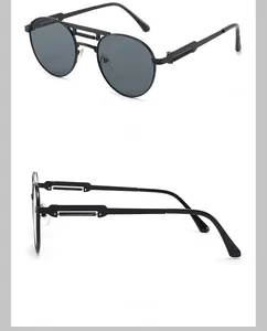 Detail view of vintage steampunk sunglasses showing industrial double bridge and spring temples