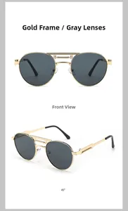 Macro view of gold metal pilot sunglasses with gray lenses and spring frame details
