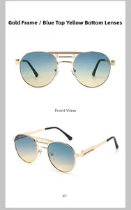 Close-up of gold metal double bridge sunglasses with blue and yellow gradient lenses
