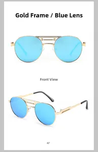 Retro punk metal sunglasses with gold frame and blue lenses, front and 45 degree view