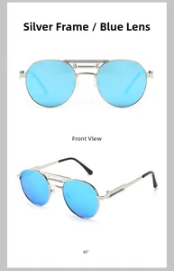 Front and 45-degree views of silver metal aviator sunglasses with blue reflective lenses