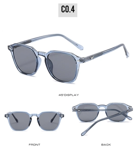 Trois vues de lunettes de soleil polygonales bleu clair avec verres gris et charnières métal