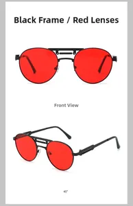 Front and 45-degree side views of black metal punk sunglasses with red round lenses
