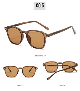 Vues sous trois angles de lunettes de soleil polygonales ambre avec détails métalliques