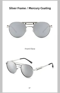 Retro punk round sunglasses with silver metal frame and mercury reflective lenses