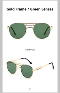 Detail of vintage metal round sunglasses with gold double bridge and green lenses