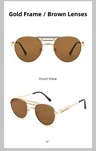 Detailed front and side views of vintage gold metal sunglasses with tea lenses