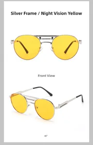 Detailed front and 45-degree angle view of vintage silver metal sunglasses with yellow lenses