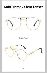 Detailed front and side views of gold metal punk sunglasses with spring hinge decor
