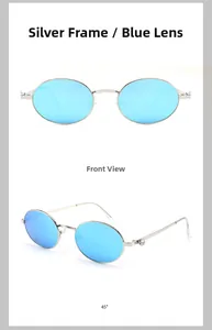 Dettagli di occhiali da sole ovali argento con lenti blu riflettenti e metallo