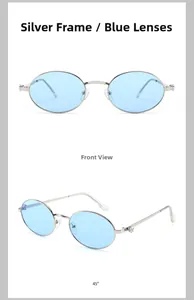 Vista frontale e laterale di occhiali da sole vintage in metallo argento con lenti blu