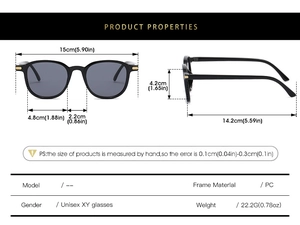 Detailed size specifications of black oval sunglasses with PC frame and dimensions